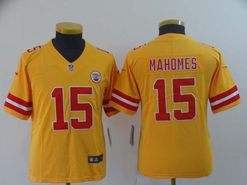Youth Kansas City Chiefs 15 Mahomes yellow Nike Vapor Untouchable Limited NFL Jerseys